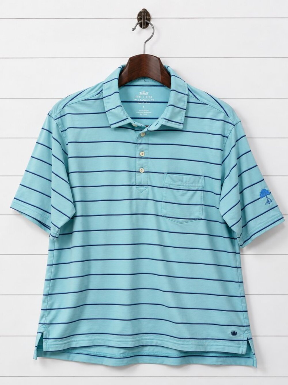 Peter Millar Summer Comfort Mens L Aqua Navy Stripe Golf Polo Shirt Pocket